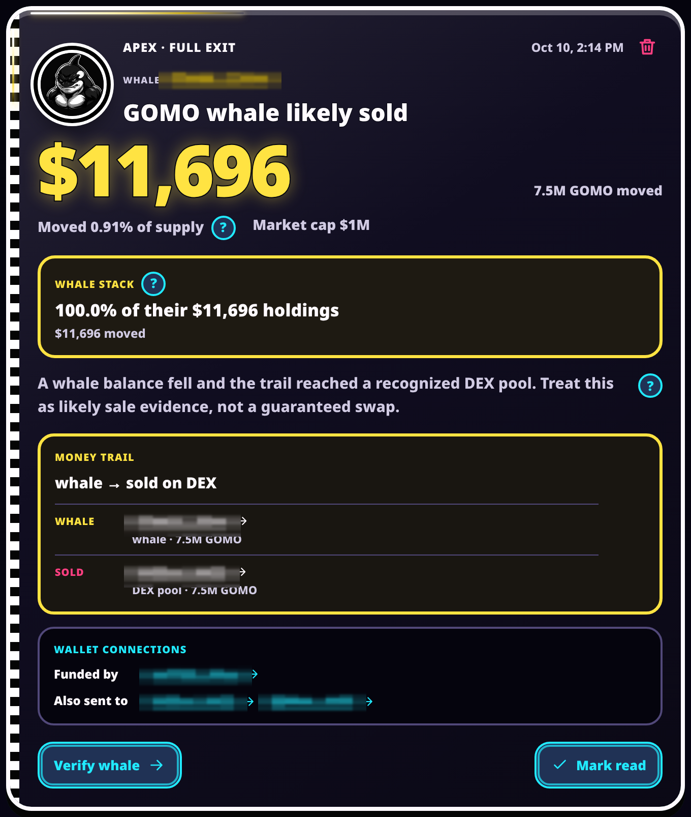 A real Whale Patrol alert card: an Orca full-exit alert, $11,696 moved out of GOMO
