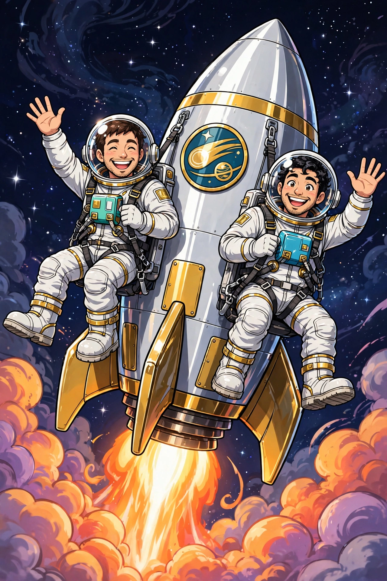 Two guys in cartoon astronaut suits strapped to a gold-finned rocket, waving and laughing as it blasts off